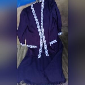 St. John by Marie Grey Eggplant Knitted Blazer Cardigan (Sz L) & Skirt (Sz 8)